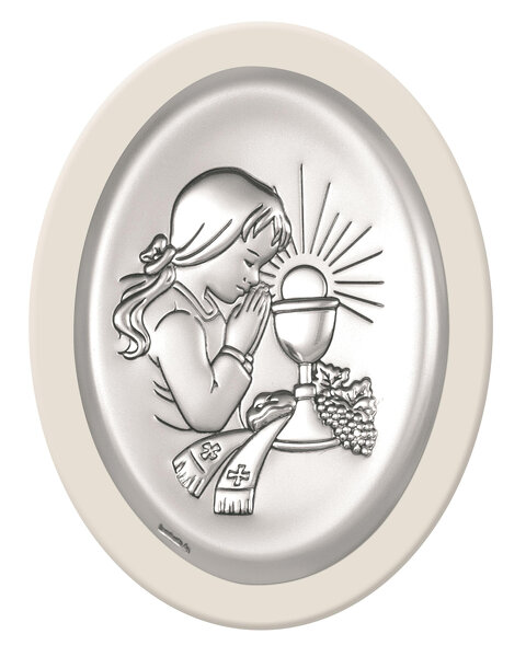 Obrazek na pamiątkę I Komunii Św. z dziewczynką na białym drewienku